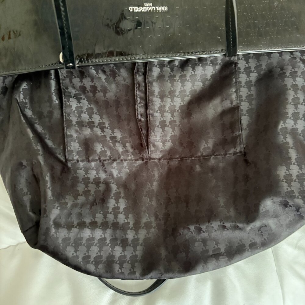 Karl Lagerfeld Paris Logo Tote Coin Purse Black Patent Leather Parisian Chic - Picture 8 of 16